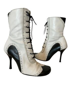 Vtg M.C. & Power Black White Leather Spectator Lace-Up Heeled Boots 38 Steampunk